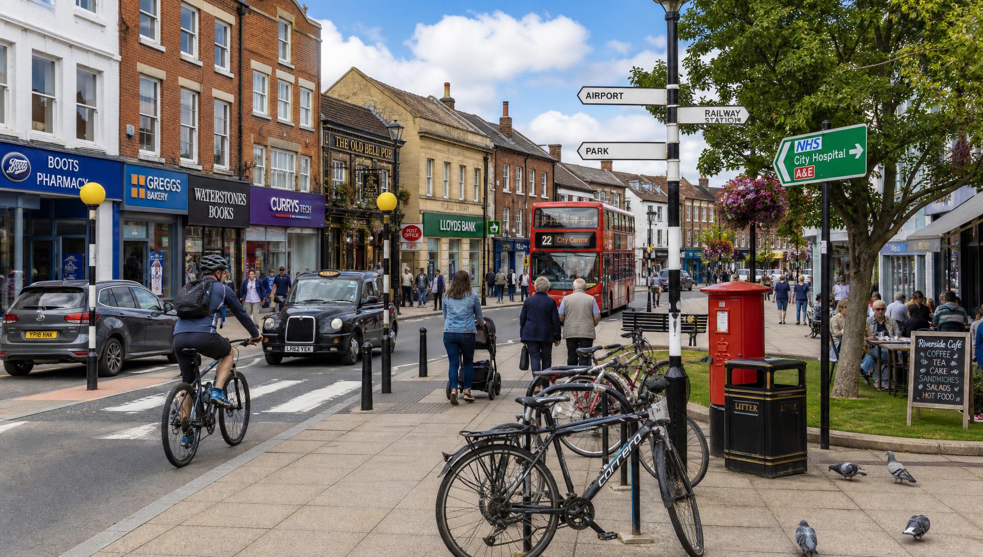 Photorealistic British high street with Boots, Greggs, Waterstones, Currys, The Old Bell pub, Lloyds Bank, a red double decker bus, a black cab, bicycles, a Royal Mail postbox and signs to the airport and hospital
